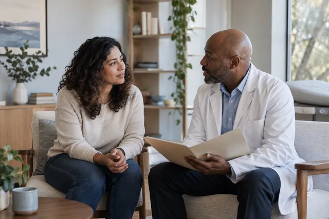 A woman discussing her questions with a healthcare professional