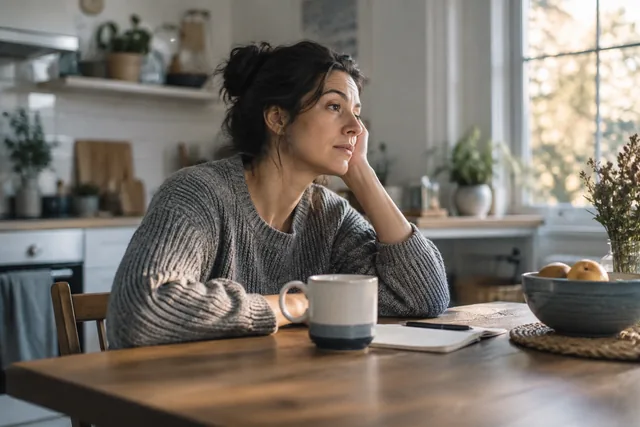 Woman reflecting over a cup of coffee at home