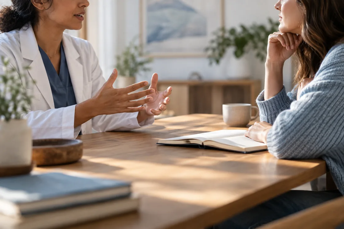 A healthcare professional discussing information with a patient