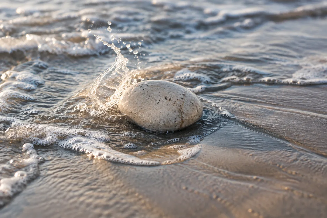 A wave washing around a smooth stone on wet sand.