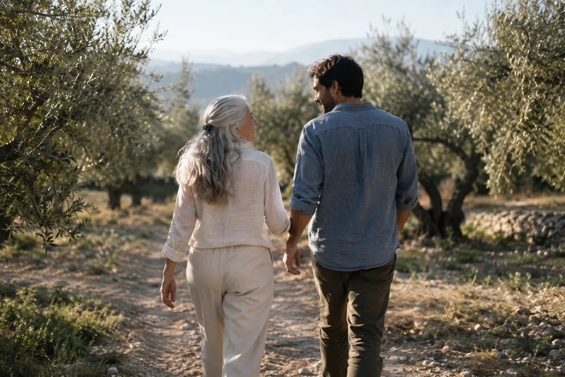 Two generations walking together through an olive grove.