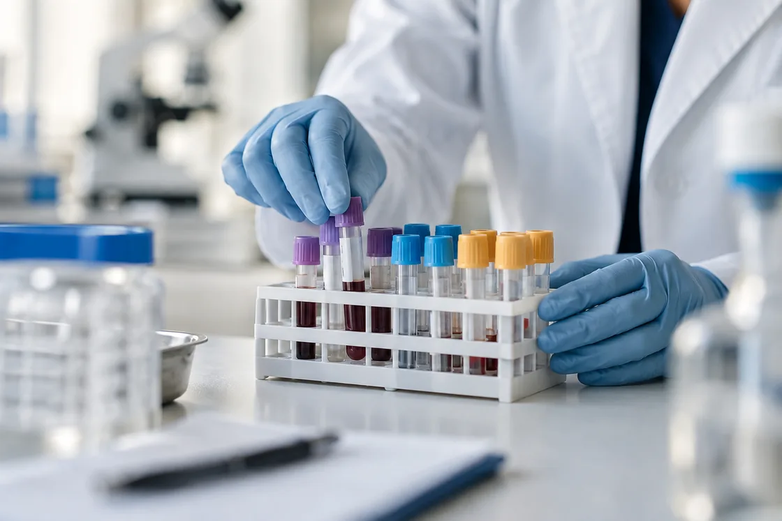 Gloved hands arranging capped sample tubes in a laboratory.