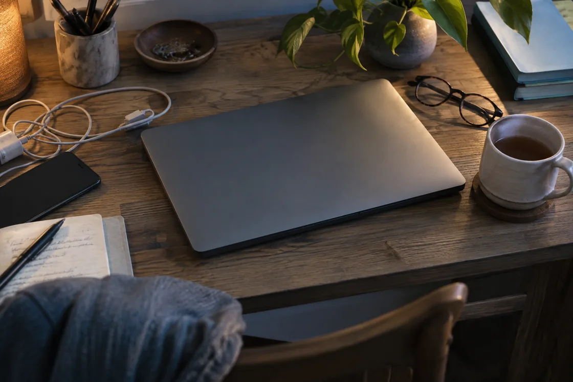 A closed laptop and glasses set aside at the end of a workday.