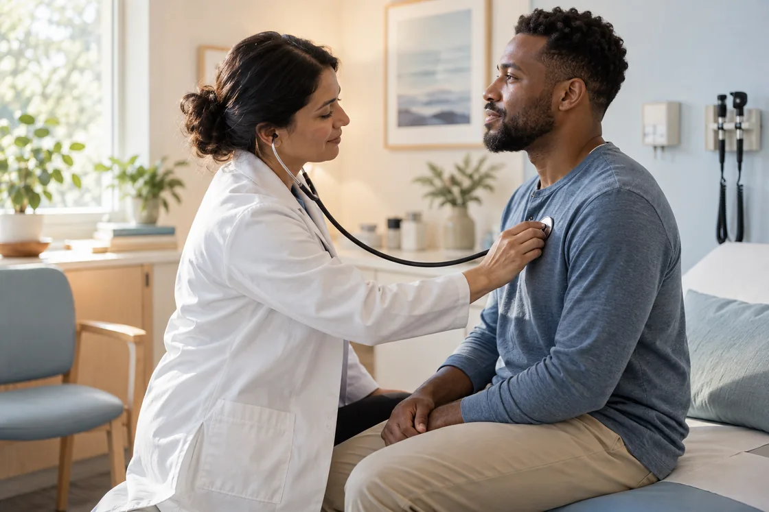 A clinician listening during a routine health check.