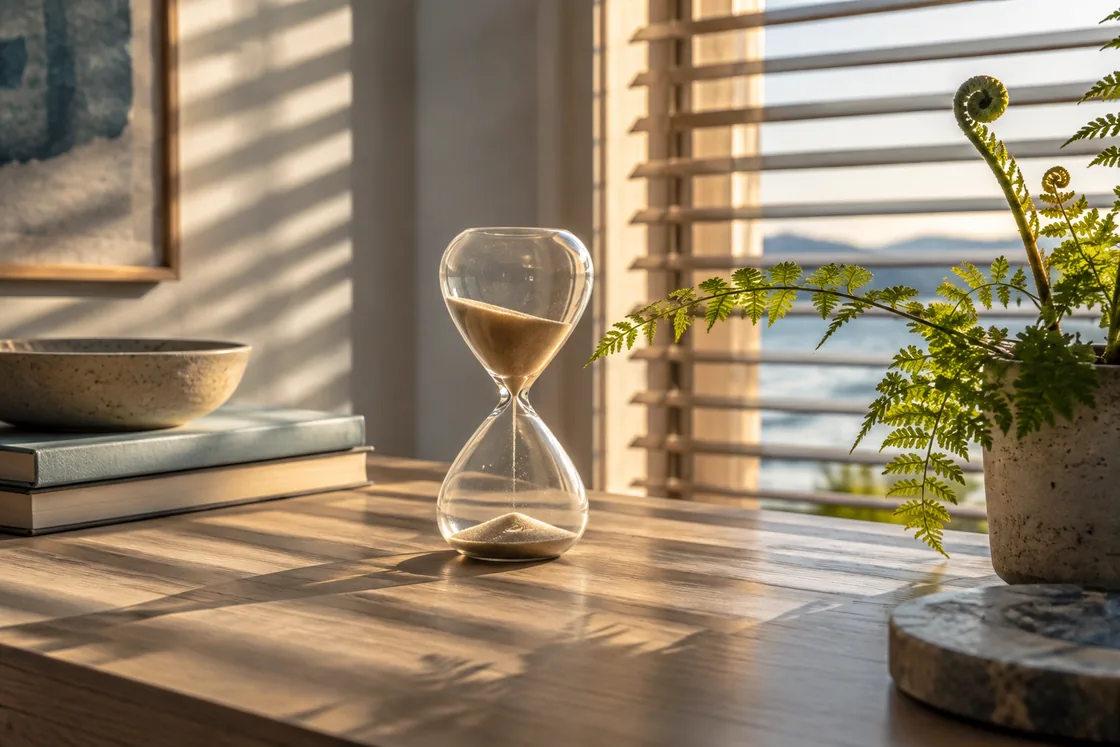 Morning light falling across an hourglass and fern.