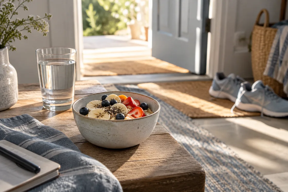 A calm everyday scene with a healthy breakfast, water and walking shoes