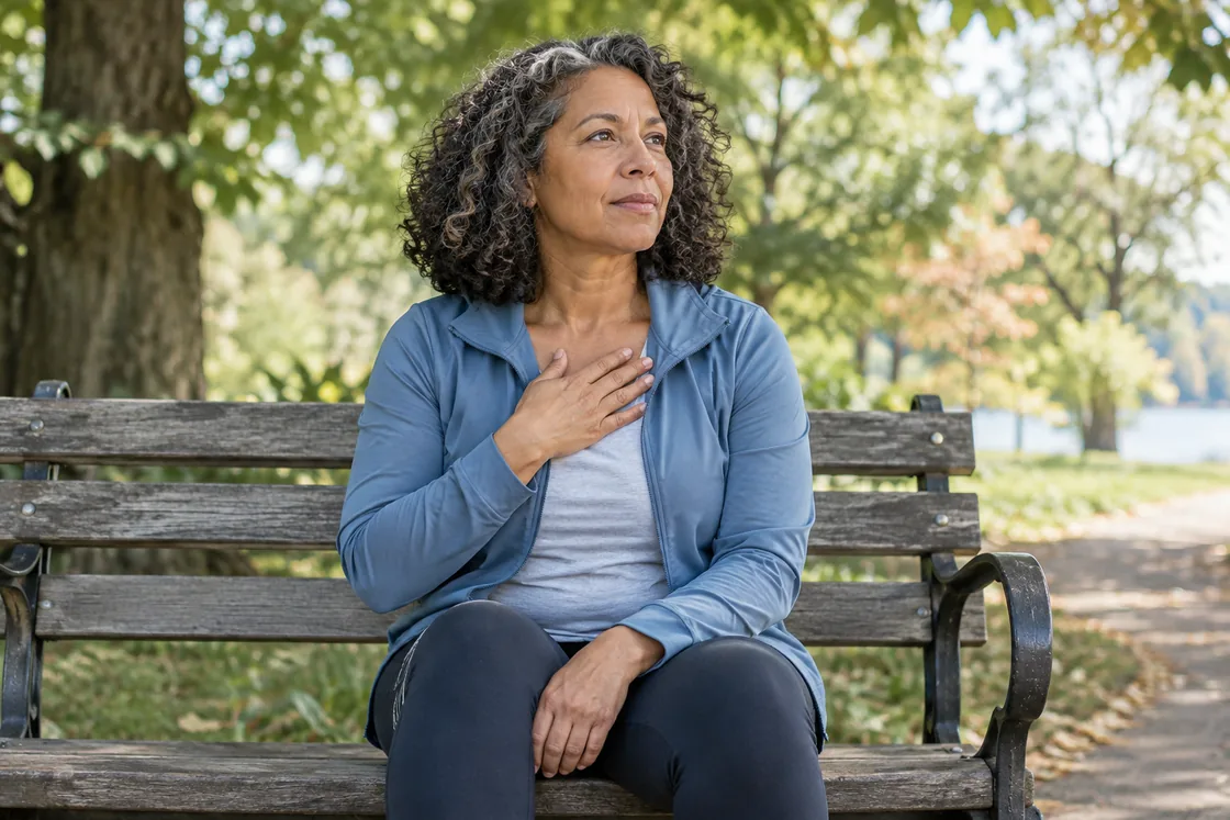 A walker pausing quietly on a park bench.