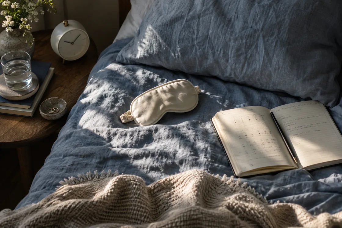 A sleep mask, bedside clock and diary on blue linen.
