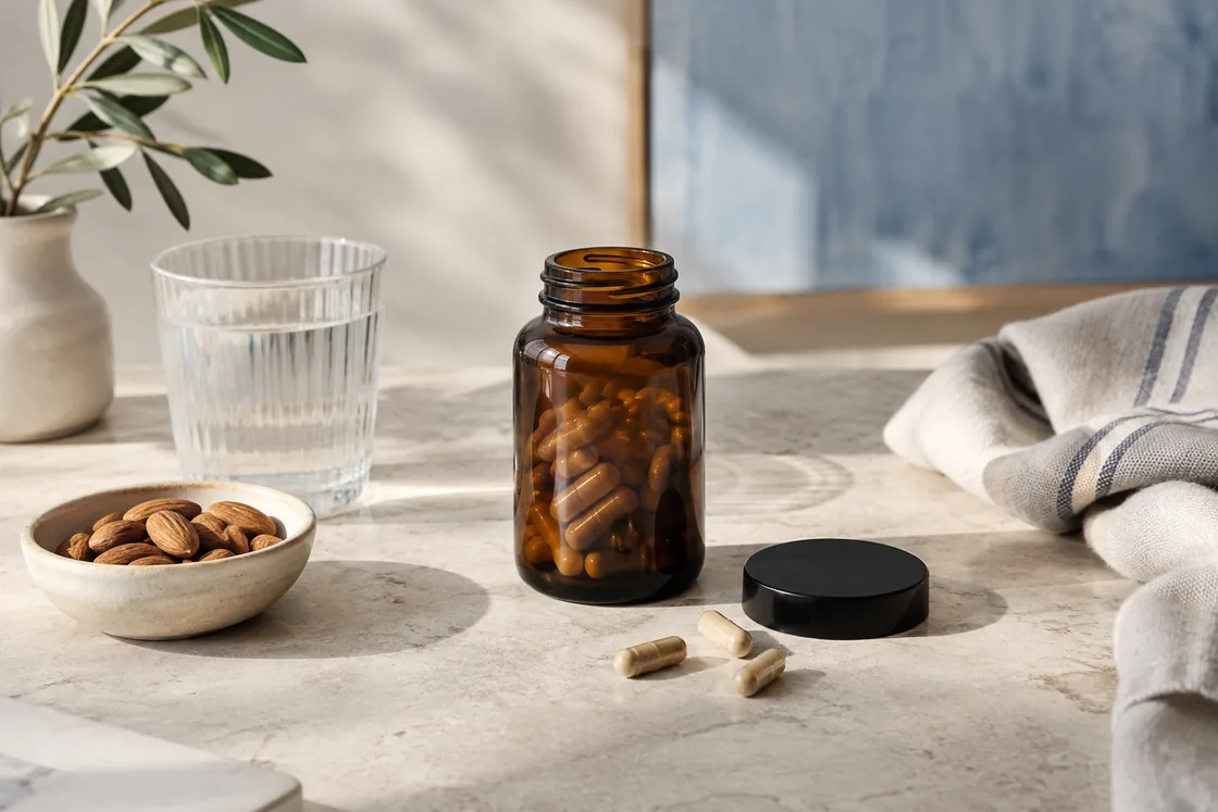 An unbranded supplement bottle beside almonds and water.