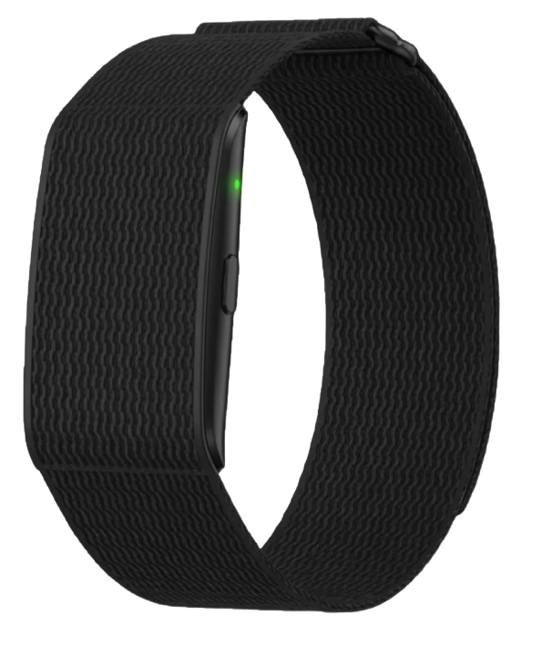 The ONU bracelet with its black woven strap, seen from above.